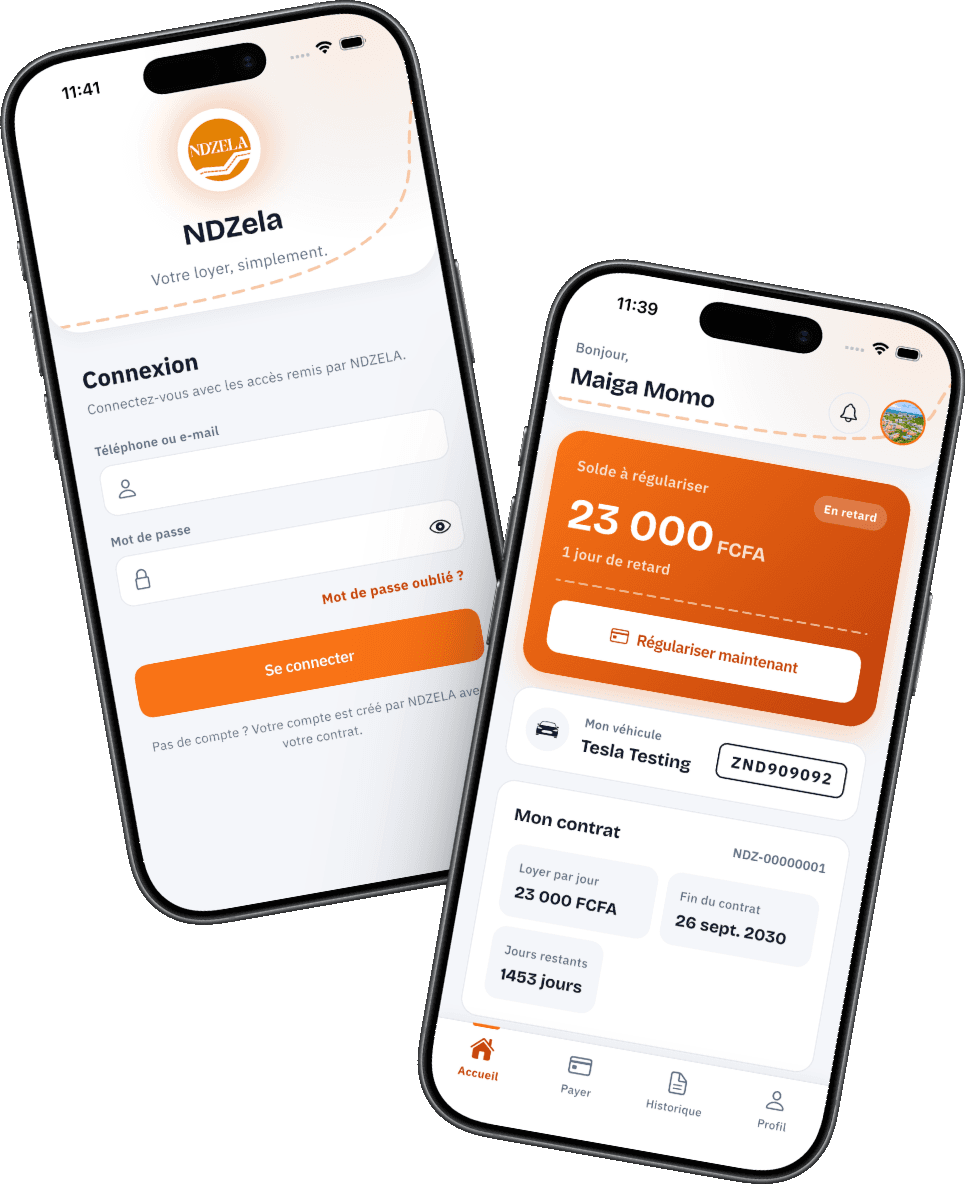 Les écrans de connexion et d'accueil de l'application Ndzela, avec le solde du loyer