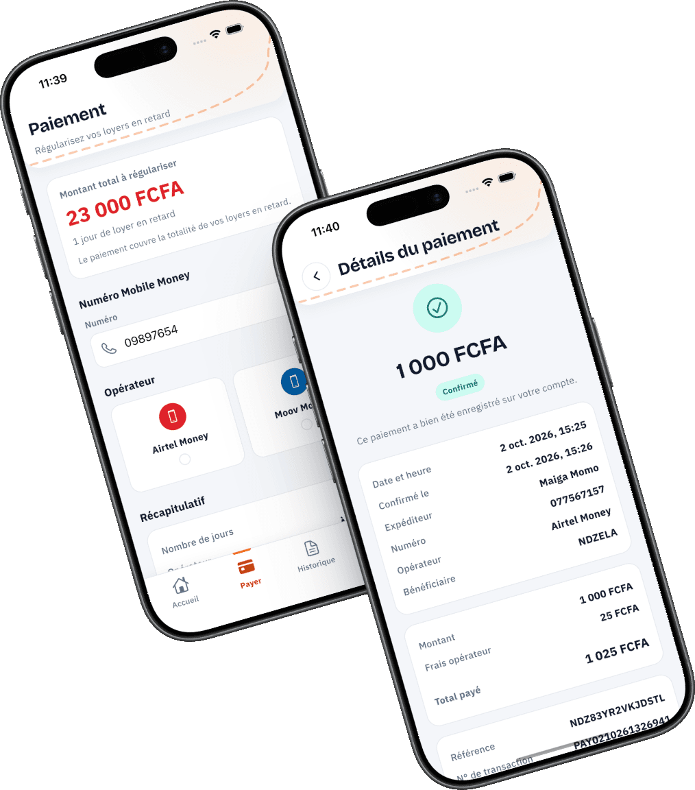 Écran de paiement du loyer et détails d'un paiement confirmé dans l'application Ndzela