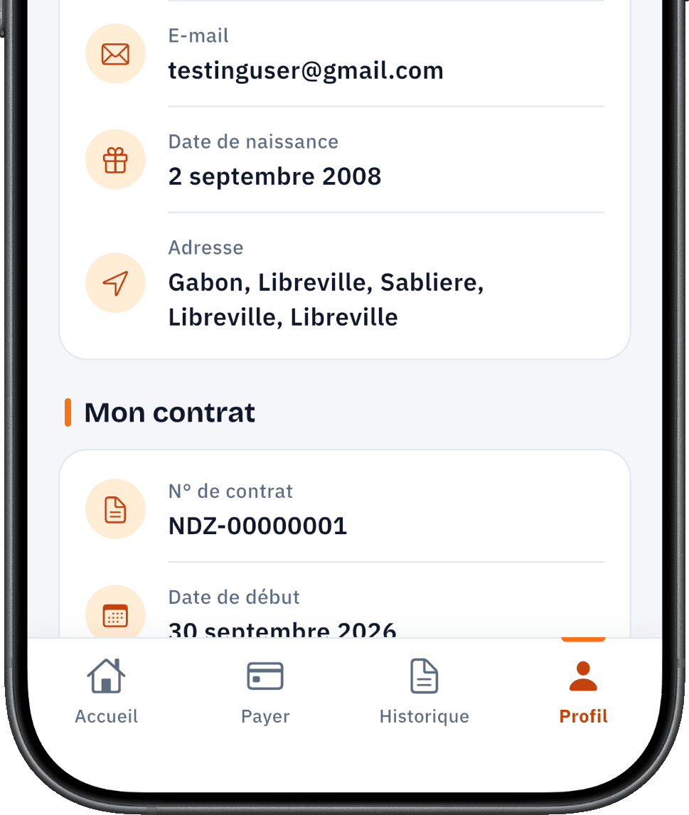Écran du profil du chauffeur avec ses informations et son contrat dans l'application Ndzela